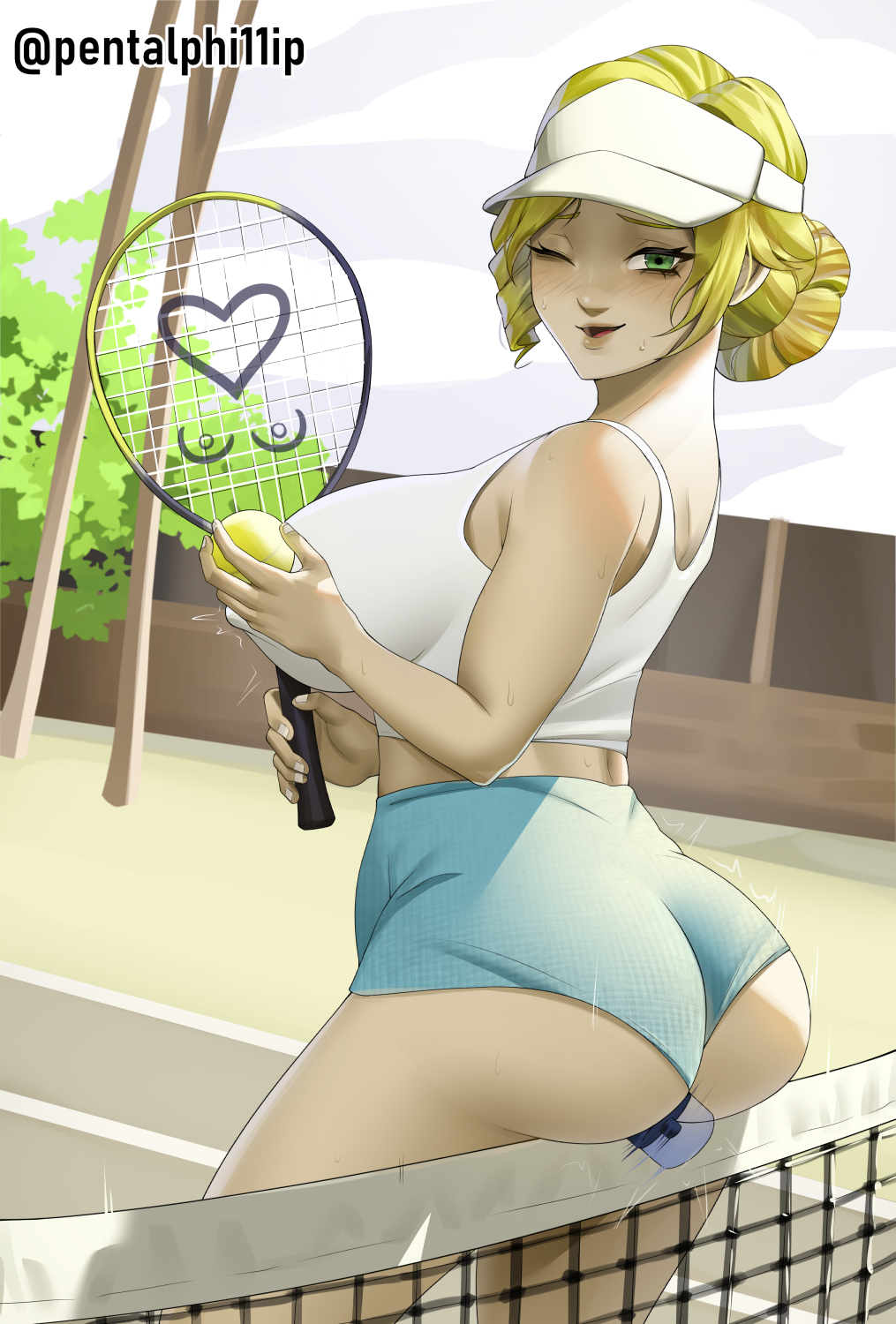 blonde_hair female female_only glynda_goodwitch green_eyes pentalphi11ip rwby tennis_ball tennis_court tennis_outfit tennis_racket tennis_uniform