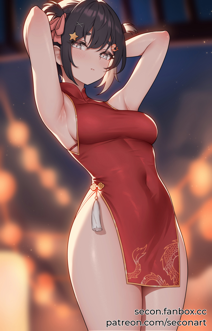 black_hair blue_eyes breasts china_dress female lilnoot_(vtuber) penguin_girl secon short_hair virtual_youtuber