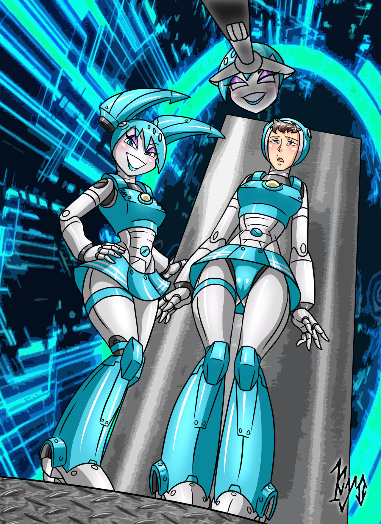 1boy 1girls assimilation beltskirt cameltoe encasement female gender_transformation jenny_wakeman kyo-domesticfucker large_ass large_breasts mask midriff mtf_transformation my_life_as_a_teenage_robot robot_girl robotization thick_thighs transformation wide_hips xj-9