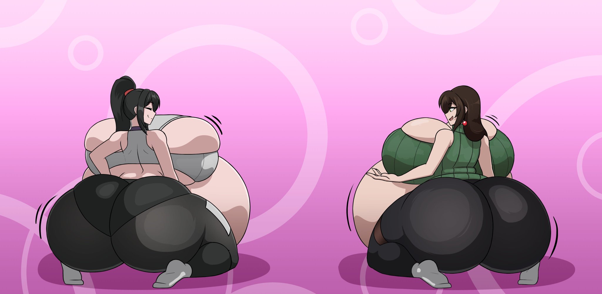 2girls, ass, ass expansion, ass nipples visible through clothing, belly expansion, big ass, breast expansion, breast growth, breast growth (enlargement), breasts, cumflation, fat, fat female, female, female only, growth, growth potion, growth sequence, horny, huge ass, huge breasts, hyper ass, hyper breasts, inflation, lactation, multiple females, multiple girls, nipples, nipples touching, takano (artist), vannie (takano)