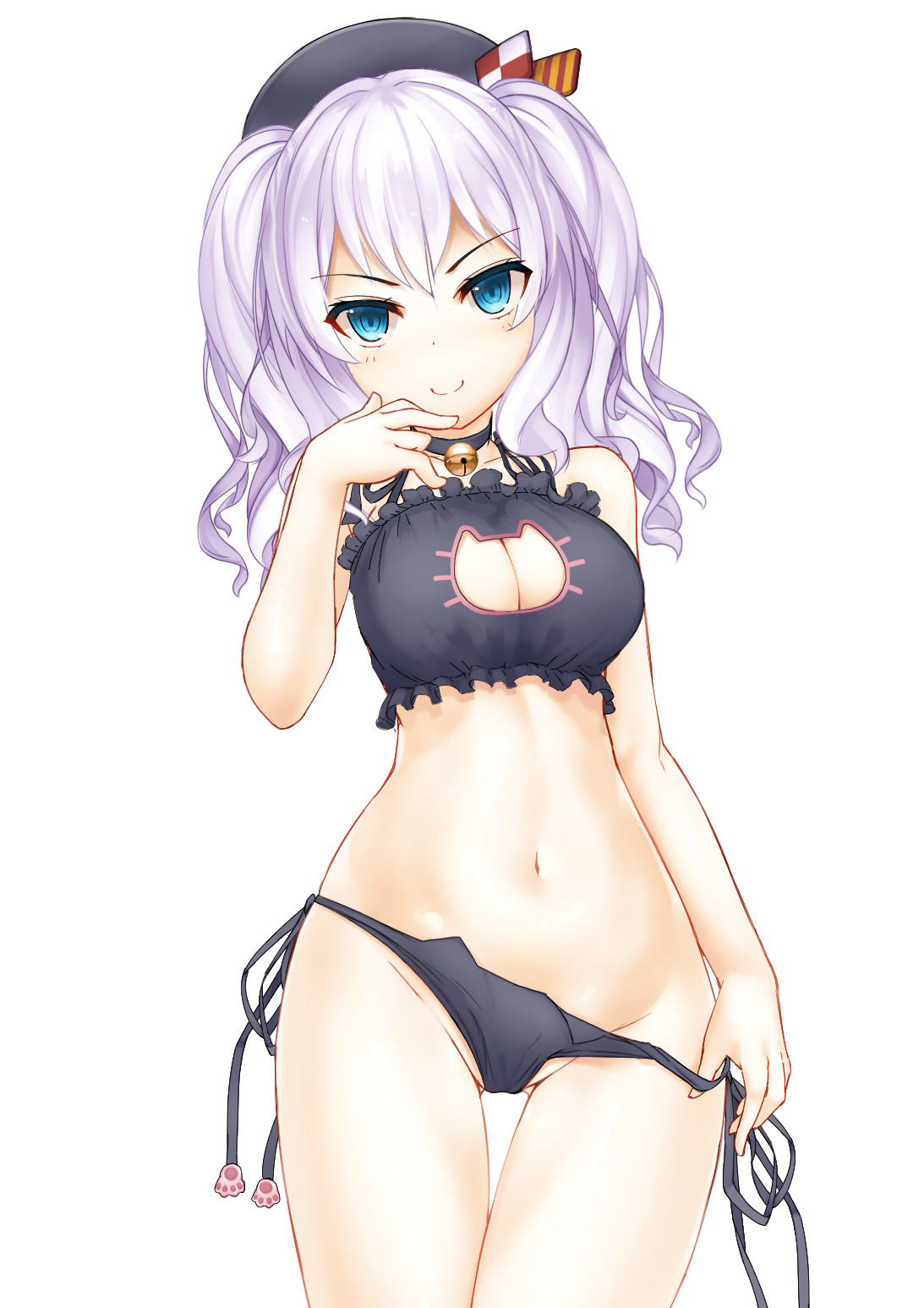 alternate costume, arm at side, ass visible through thighs, bangs, bell, bell choker, beret, black panties, blush, breasts, cat cutout, cat ear panties, cat keyhole bra, cat lingerie, choker, cleavage cutout, closed mouth, collarbone, cowboy shot, dobunezumi, eyebrows, eyebrows visible through hair, female, frills, groin, hat, highres, jingle bell, kantai collection, kashima (kantai collection), long hair, looking at viewer, navel, panties, panty pull, paw print, pulled by self, side-tie panties, silver hair, simple background, smile, solo, stomach, striped, thigh gap, two side up, underwear, white background