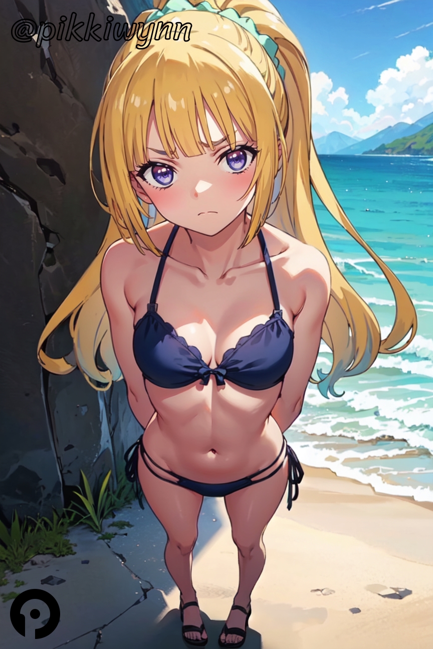 ai_generated arms_behind_back bangs bare_shoulders beach bikini black_bikini blonde_hair blue_bikini blush breasts classroom_of_the_elite cleavage closed_mouth cloud collarbone day female frown full_body hair_ornament hair_scrunchie halterneck karuizawa_kei long_hair looking_at_viewer medium_breasts navel ocean outdoors pikkiwynn ponytail purple_eyes sandals scrunchie side-tie_bikini_bottom sky solo standing stomach string_bikini swimsuit v-shaped_eyebrows youkoso_jitsuryoku_shijou_shugi_no_kyoushitsu_e