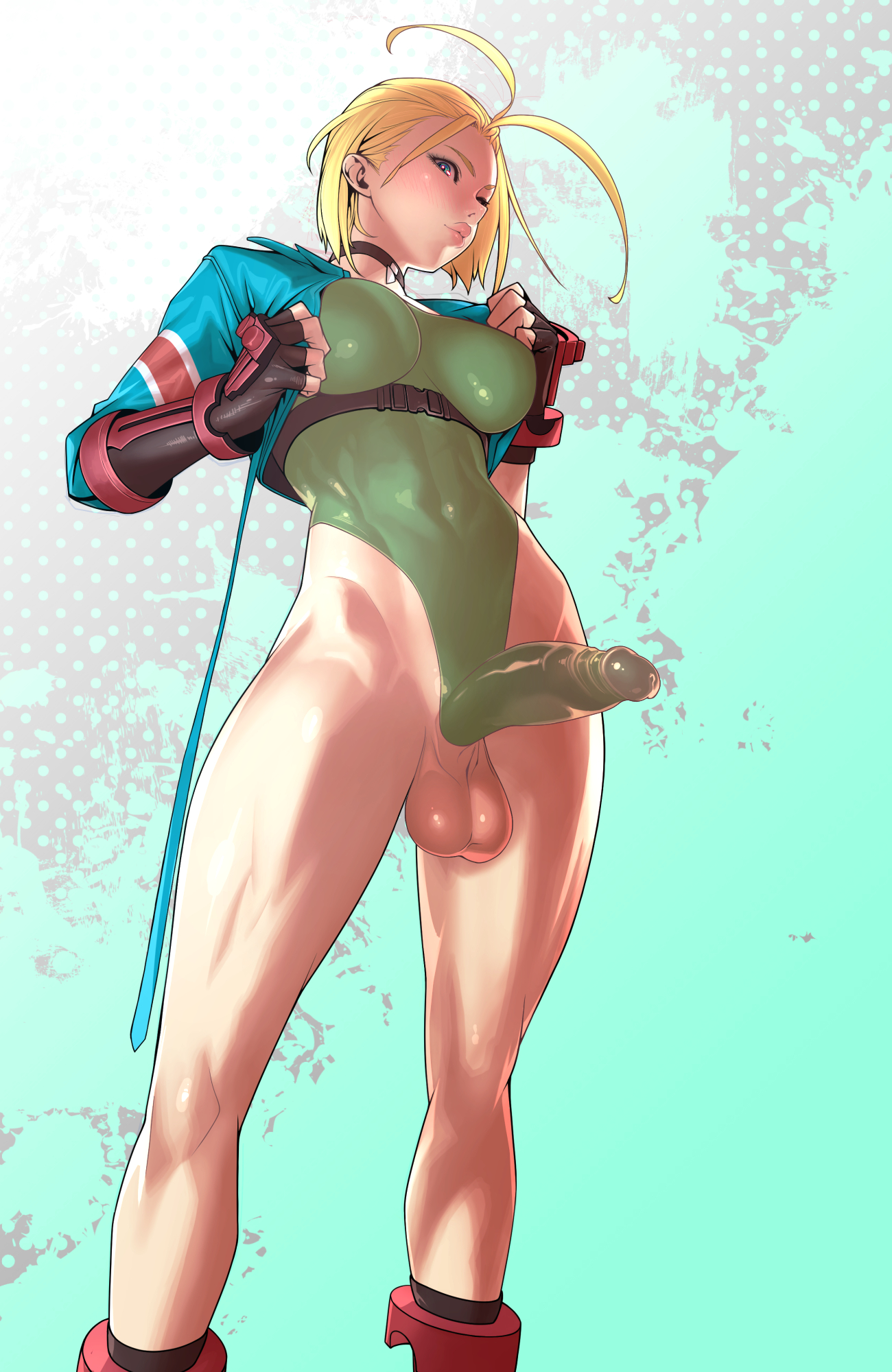 1futa, abs, balls, big breasts, big penis, black pants, blonde hair, blue eyes, blue jacket, breasts, cammy white, clothed, clothing, collar, covered nipples, covering breasts, dickgirl, erect penis, erection, erection under clothes, futa only, futanari, gloves, highres, human, intersex, leotard, light skin, light-skinned futa, lips, low-angle view, partially clothed, penis, red shoes, short hair, smooth balls, smooth penis, solo, spandex, standing, street fighter, street fighter 6, tomoyuki kotani
