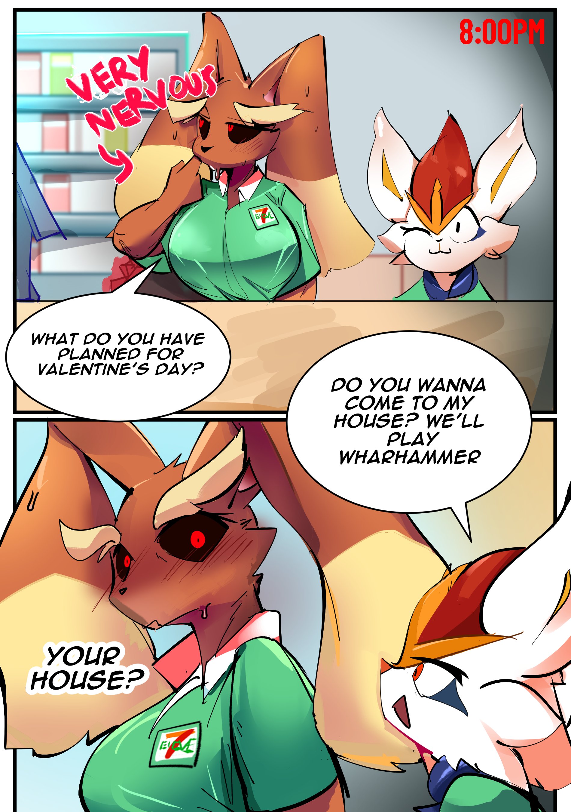 1boy, 1girls, ass, big ass, big breasts, big butt, blush, breasts, bunny ears, bunny girl, cinderace, color, comic, english text, female, furry, game freak, hi res, large ass, large breasts, large butt, lopunny, male, male cinderace, male/female, nervous, nintendo, page 4, pokémon (species), pokemon, pokemon (species), pokemon ss, red eyes, sirkerner, tagme, text, text bubble, thick thighs