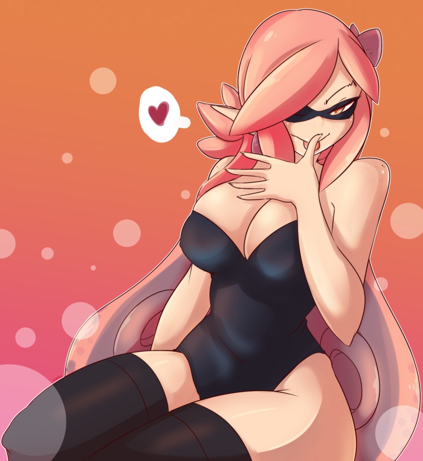 <3, 1girls, black leotard, black thighhighs, breasts, cleavage, cute, female, heart, inkling, large breasts, leotard, long hair, looking at viewer, mask, nintendo, pink hair, solo, solo female, solo focus, splatoon, splatoon (series), tentacle hair, thighhighs, yellow eyes