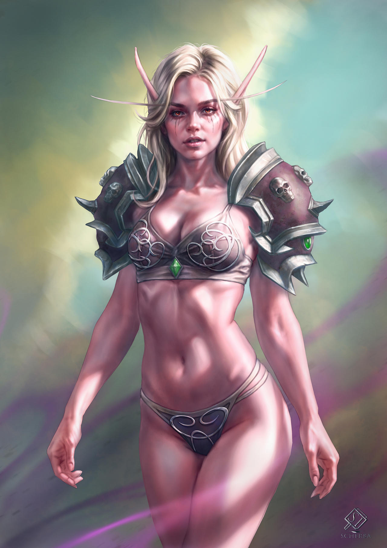 1girl 1girls banshee_(warcraft) blonde blonde_female blonde_hair blonde_hair_female bra dark_ranger elf elf_ears elf_female elf_girl eyeshadow female fit fit_female forsaken half-dressed half_naked looking_at_viewer medium_breasts panties red_eyes scherba semi_nude shoulder_armor solo solo_female sylvanas_windrunner undead undead_(warcraft) undead_female warchief warcraft world_of_warcraft wow