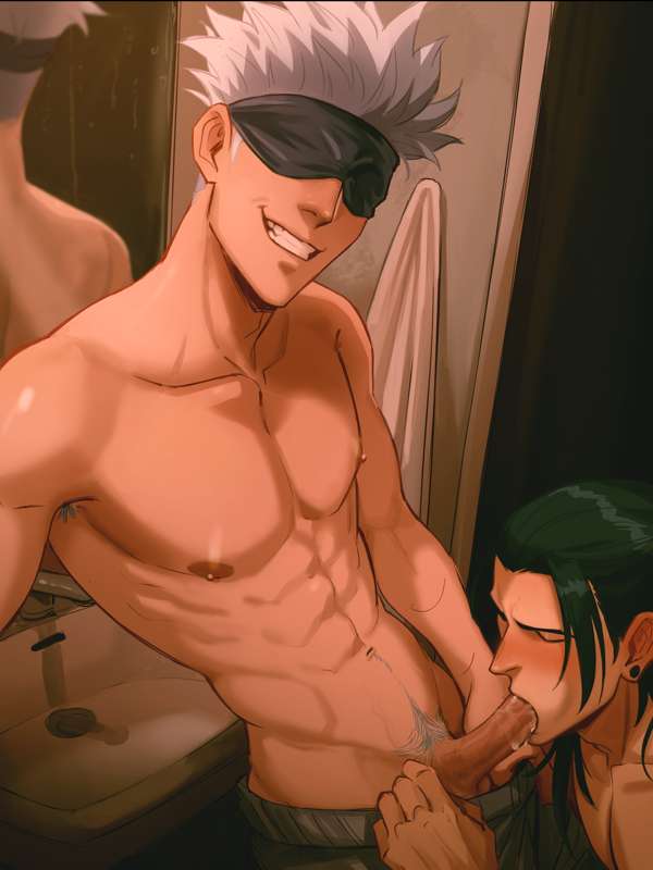 2boys, abs, black hair, blindfold, blowjob, cum, dick, gay, gay blowjob, giving head, jujutsu kaisen, male, penis, penis in mouth, satoru gojo, shirtless, sombre slahc, sucking penis, suguru geto, white hair, yaoi