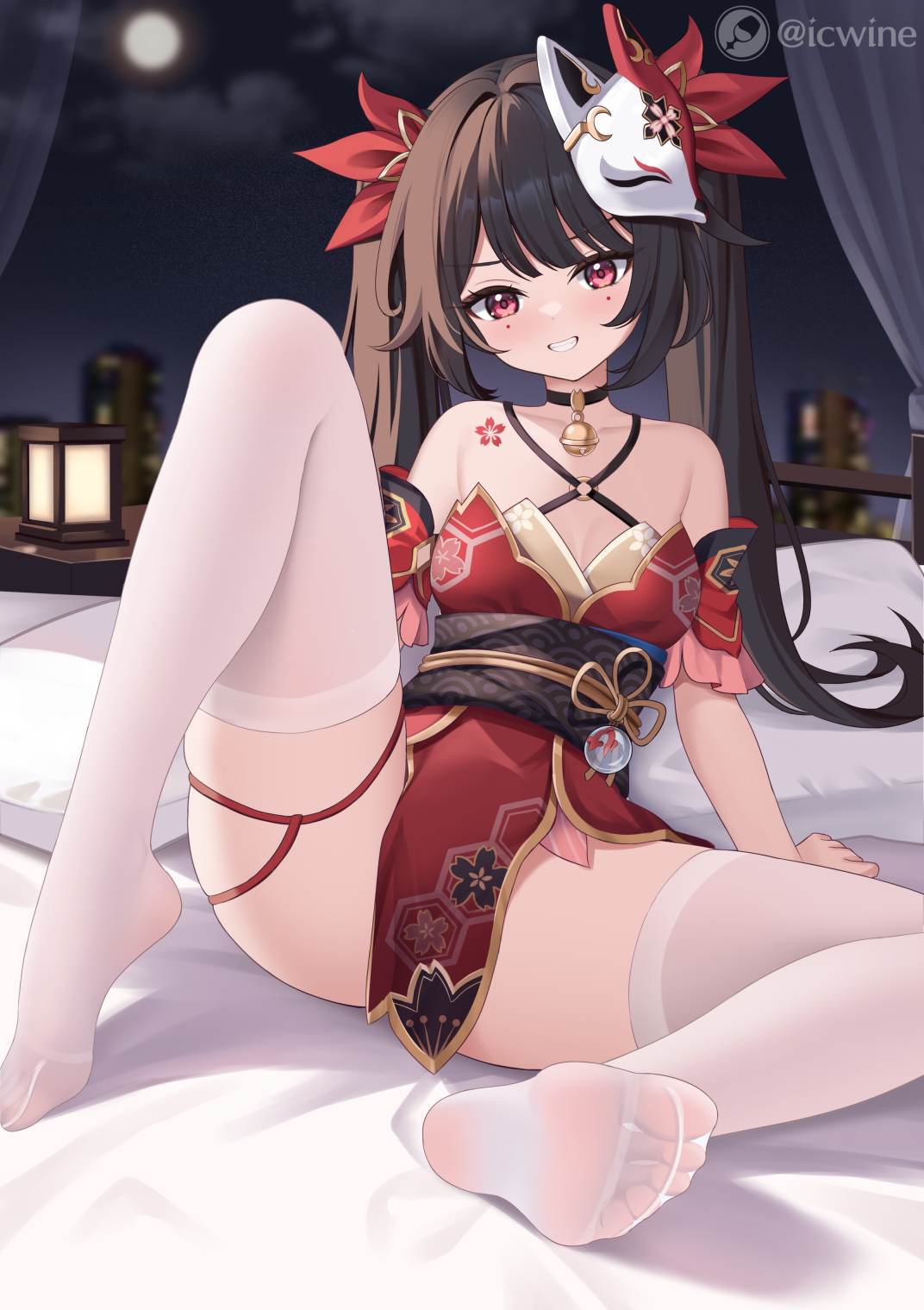 bell choker, feet, female, fox mask, honkai: star rail, red eyes, sparkle (honkai: star rail), thighhighs