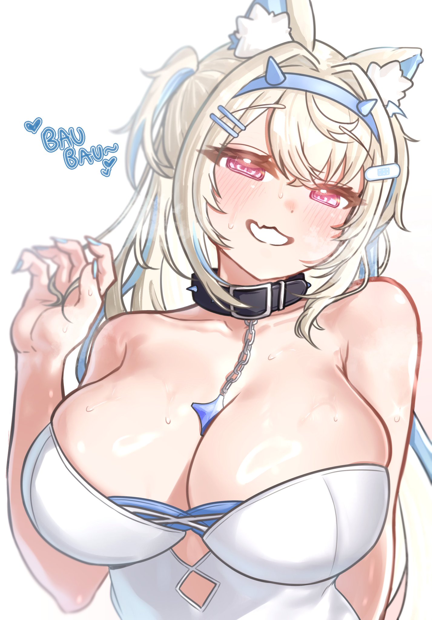 1girls, blue hair, dog girl, female, female only, fuwamoco, fuwawa abyssgard, hololive, hololive english, hololive english -advent-, light skin, light-skinned female, otawan, pink eyes, steam, sweat, tagme, virtual youtuber, white hair