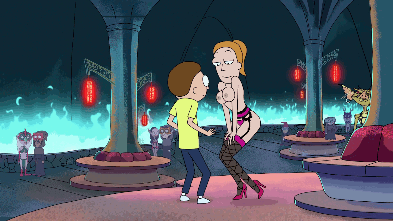 1boy, 1girls, accurate art style, animated, big sister, breasts, brother, brother and sister, brown hair, cleavage, female, fire, garter belt, garter straps, high heels, human, incest, indoors, jiggle, larger female, little brother, male, morty smith, nipples, older female, older sister, orange hair, orange-haired female, panties, photoshop, ponytail, rick and morty, semi incest, siblings, size difference, smaller male, smile, summer smith, thighhighs, tied hair, topless, younger brother, younger male