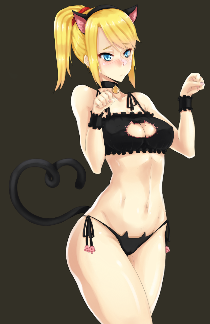 1girls bell bell_choker black_background black_bra black_lingerie black_panties blonde_hair blue_eyes blushing bra breasts cat_bell cat_ears cat_keyhole_bra cat_keyhole_lingerie cat_lingerie cat_tail choker cleavage cleavage_cutout collar fake_animal_ears fake_tail female lingerie long_hair medium_breasts metroid midriff mole_on_breast navel nintendo nipple_bulge panties paw_pose ponytail purple_mii samus_aran side-tie_panties simple_background solo tail thighs thong tied_hair underwear