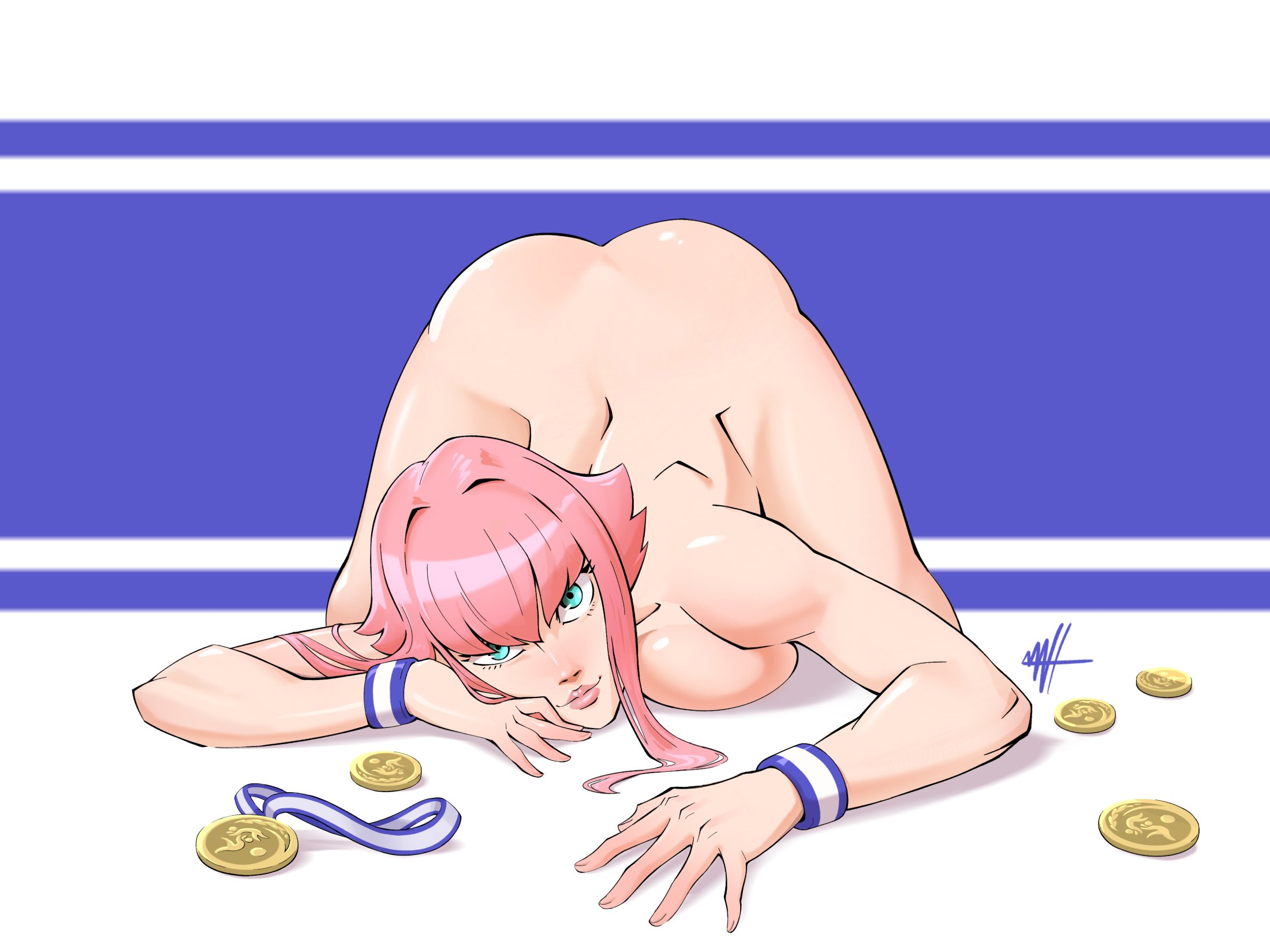 1girls, ass, ass up, bent over, breast press, breasts, capcom, female, manon legrand, mattpainte, medal, nude, nude female, pink hair, street fighter, street fighter 6, top-down bottom-up