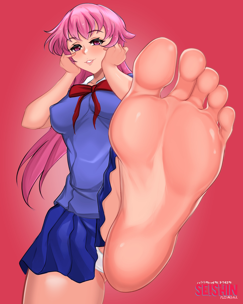 1girls bare_soles barefoot blue_skirt feet female female_only foot_fetish foot_focus gasai_yuno mirai_nikki panties pink_eyes pink_hair school_uniform schoolgirl seishinashi single_barefoot skirt soles solo solo_female toes white_panties yandere