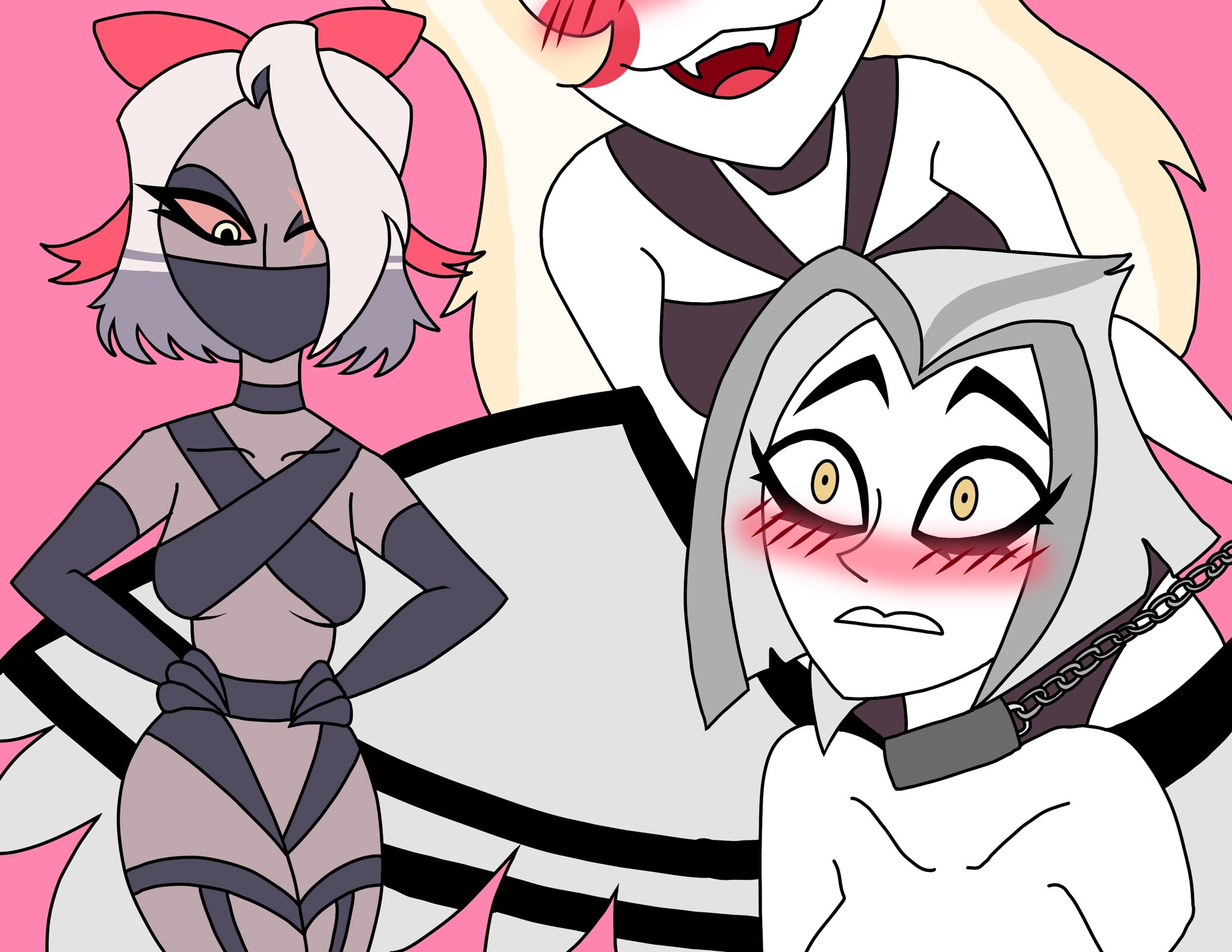 angel, blonde hair, blush, breasts, chained, chains, charlie morningstar (hazbin hotel), clothed, clothing, collar, demon, erisjoy, female, female only, female/female, grey skin, hair, halo, hazbin hotel, horns, imminent sex, lute (hazbin hotel), partially clothed, saliva, scar, sweat, teeth, tongue, trio, vaggie (hazbin hotel), vivienne medrano, white background, white hair, wings, yellow eyes, yuri