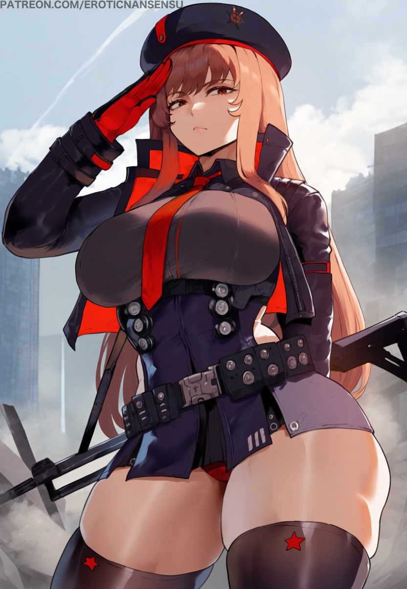 1girls, ai assisted, ai generated, arm behind back, bangs, belt, beret, black jacket, black shirt, breasts, brown hair, contrapposto, cowboy shot, cropped jacket, erotic nansensu, female, from below, gloves, goddess of victory: nikke, gun, headwear, large breasts, light skin, light-skinned female, long hair, military, military uniform, necktie, pantyshot, patreon username, rapi (nikke), red eyes, red jacket, red panties, rifle, salute, shirt, short skirt, sidelocks, skirt, solo, stockings, thick thighs, thighhighs, upskirt