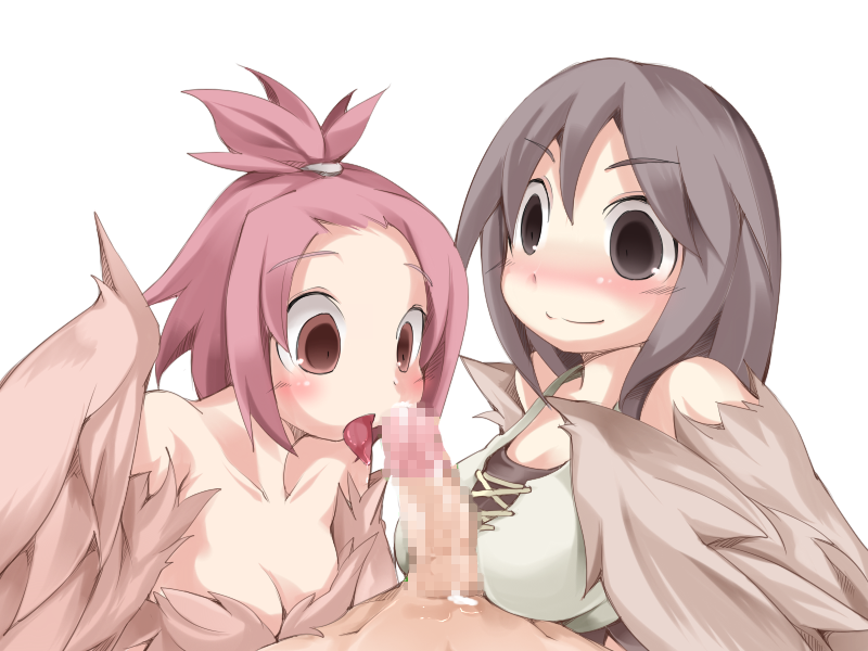 1boy 2girls bangs_pinned_back bare_shoulders blush bmp-to-png_conversion breasts brown_eyes brown_feathers brown_hair brown_wings censored cleavage feathered_wings feathers fellatio harpy licking licking_penis long_hair looking_at_penis medium_breasts mon-musu_quest! monster_girl mosaic_censoring multiple_girls non-web_source open_mouth oral penis pii_(mon-musu_quest!) pina_(mon-musu_quest!) pov precum red_hair siblings sisters small_breasts transparent_background winged_arms wings