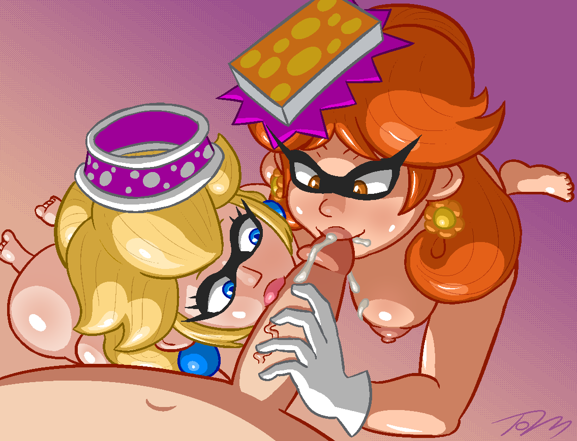 1boy 2girls ass barefoot bimbo blonde_hair blue_eyes breasts brown_eyes callie_(splatoon)_(cosplay) cock_worship collaborative_fellatio cosplay crossover cum double_fellatio earrings feet fellatio female gloves handjob hat kneeling long_hair looking_at_penis male marie_(splatoon)_(cosplay) mario_(series) mask multiple_fellatio multiple_girls nintendo nipples nude oral orange_hair penis pov princess_daisy princess_peach simple_background splatoon squid_sisters_(cosplay) teamwork unseen_male_face ymmot392