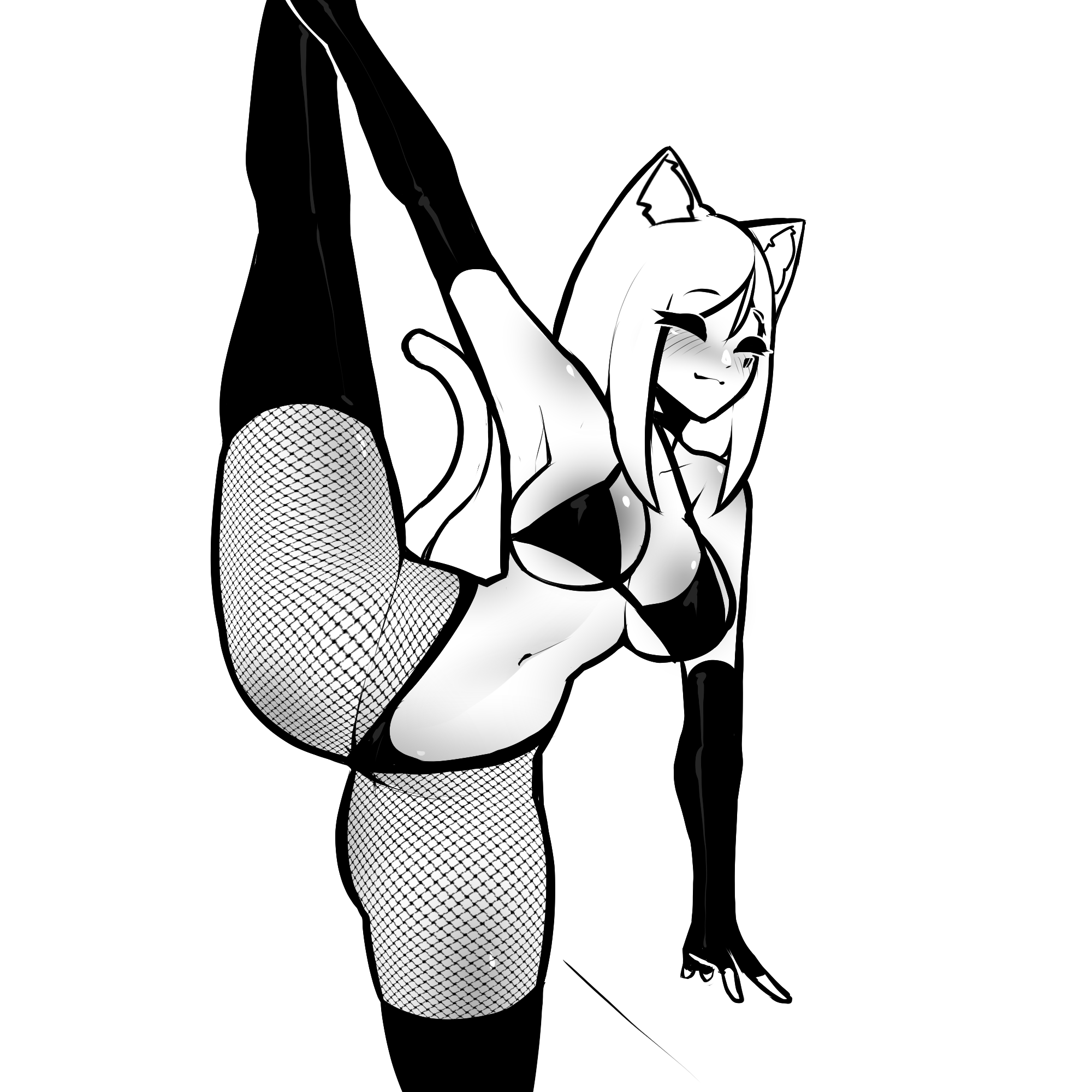 1girls, 2024, animal ears, bikini, black bikini, blush, body blush, breasts, cat ears, cat girl, cat tail, catgirl, closed eyes, elbow gloves, facial markings, female, fingerless gloves, fishnet pantyhose, fishnets, gloves, long gloves, medium hair, navel, one leg up, original, smile, standing, standing on one leg, tagme, tail, tekona, thighhighs, thighhighs over fishnets, thighs, vertical splits, white hair