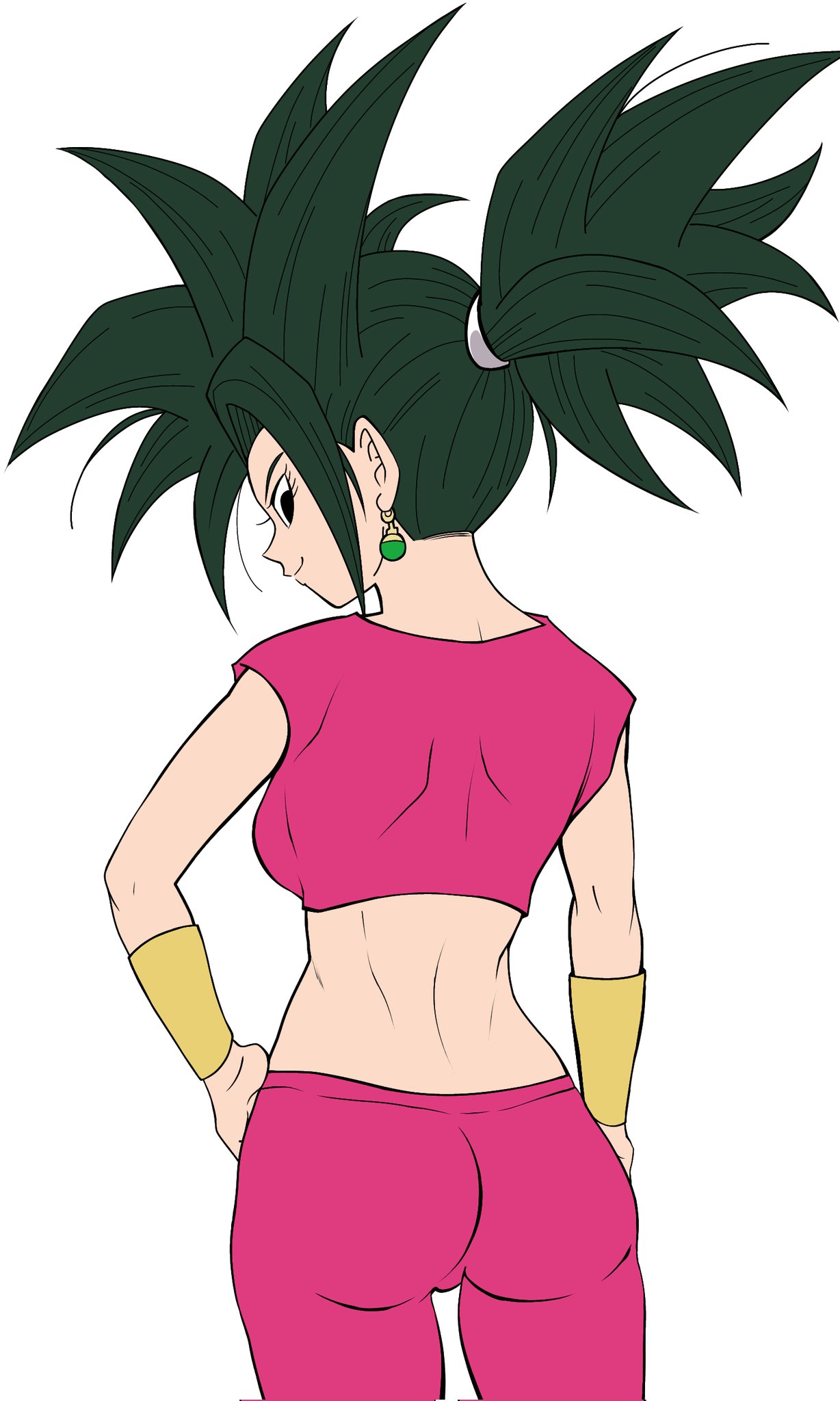 2girls 3girls artist_request ass ass_focus black_eyes black_hair dragon_ball dragon_ball_super earrings female female_only fusion kefla long_hair mature_female medium_hair multiple_girls pervert pervert_female potara_earrings potara_fusion smile universe_6 universe_6/universe_7 universe_6_girls