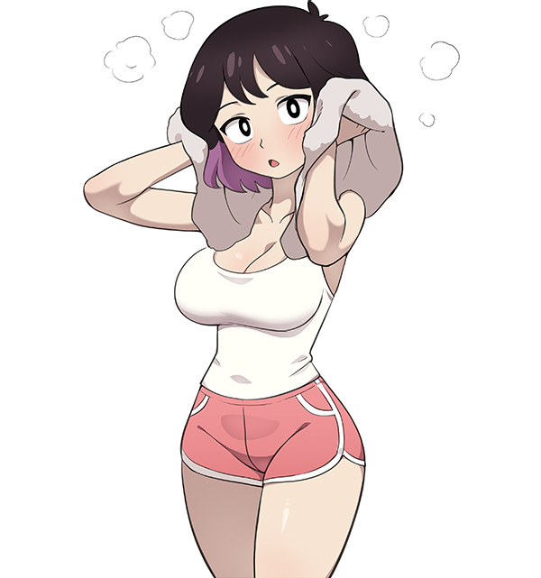 1girls, ass, big ass, big breasts, black eyes, black hair, blush, breasts, female, female only, hilda (series), kaisa (hilda), large ass, large breasts, light skin, light-skinned female, looking at viewer, mangamaster, pale skin, pale-skinned female, pink shorts, purple hair, short hair, shorts, solo, thighs, topwear, towel, two-tone hair, voluptuous, voluptuous female, white background, white topwear, white towel, wide hips