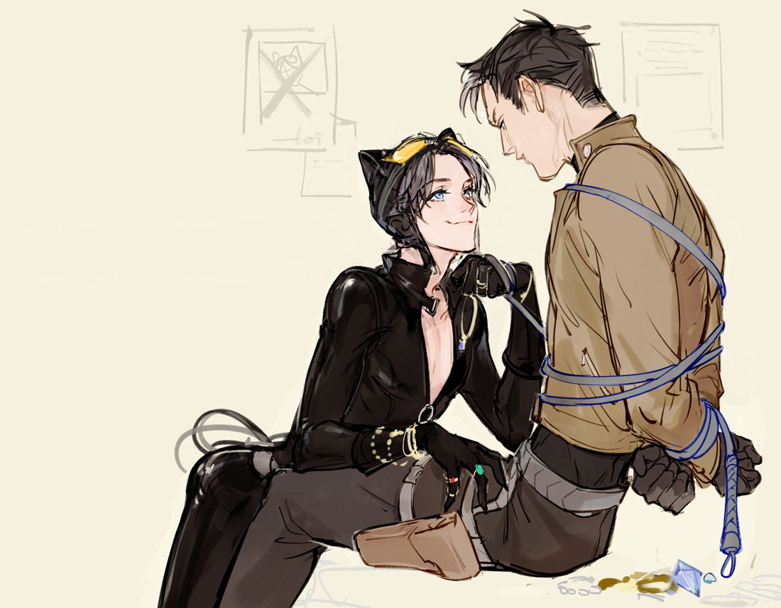 2boys, arms behind back, batman (series), blue eyes, catsuit, catwoman (cosplay), cleavage, crossdressing, dc, dc comics, femboy, gay, goggles, jason todd, jewelry, latex, latex suit, leather, male, male cleavage, male only, male/male, red hood (dc), red robin, restrained, skin tight, thief, tied up, tight clothing, tim drake, trap, twink, whip, yaoi