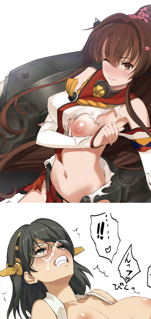 !! 2girls a1 black_eyes black_hair breasts brown_eyes brown_hair cherry_blossoms clenched_teeth facial female flower green-framed_glasses hair_flower hair_intakes hair_ornament hairband kantai_collection kirishima_(kantai_collection) large_breasts long_hair machinery multiple_girls navel nipples no_bra one_eye_closed orgasm ponytail short_hair simple_background sweat tears teeth tied_hair torn_clothes white_background yamato_(kantai_collection)