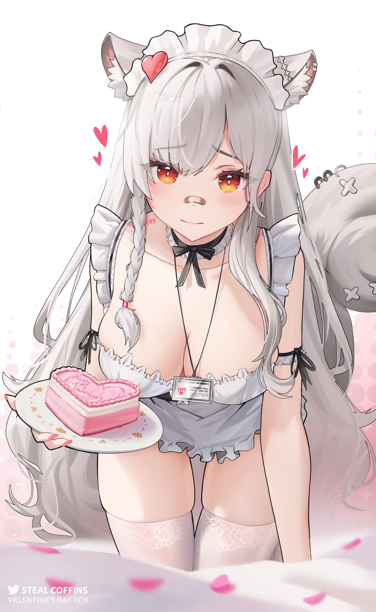 cake gemuyo gemuyo_(vtuber) heart hearts_around_head maid nurse valentine's_day white_hair