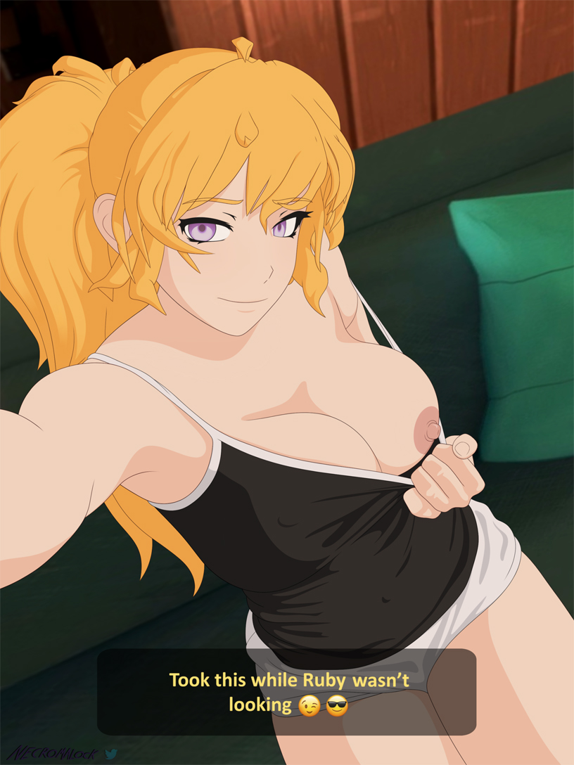 1girls blonde_hair breasts caption clothing_pull flashing flashing_breasts necromalock nipples one_breast_out ponytail purple_eyes rwby selfie smile yang_xiao_long