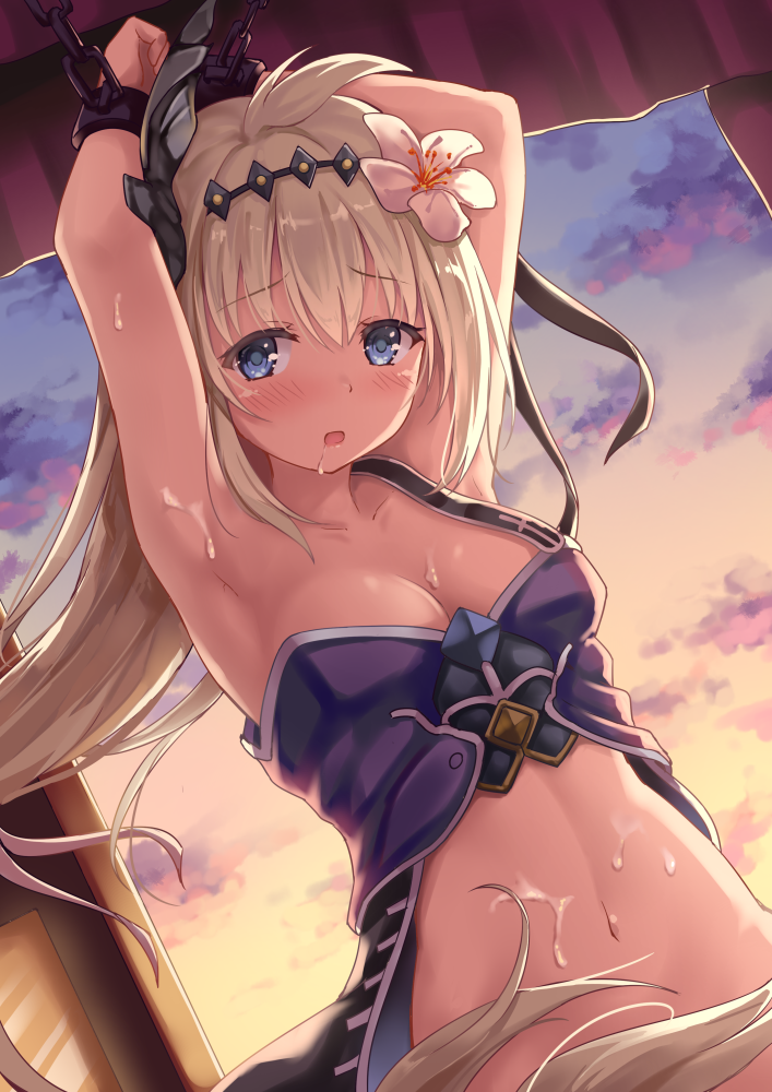 ahoge armor armpits arms_up bangs bare_shoulders blonde_hair blue_eyes blush bondage bound breasts chitori cleavage cloud cuffs cum cum_on_body cum_on_breasts cum_on_stomach cum_on_upper_body dutch_angle eyebrows eyebrows_visible_through_hair female flower granblue_fantasy hair_flower hair_ornament hairband jeanne_d'arc_(granblue_fantasy) long_hair looking_at_viewer navel restrained revision saliva shackles sky solo stomach white_flower