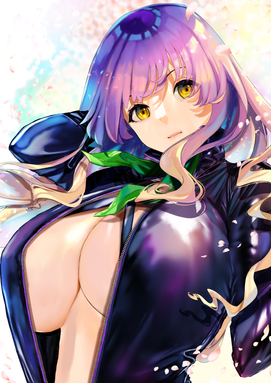 1girl 1girls banned_artist blonde_hair blunt_bangs breasts cleavage closed_mouth dress eyebrows_hidden_by_hair gradient_hair highres hijiri_byakuren huge_breasts long_hair long_sleeves looking_at_viewer multicolored_hair petals poko_(mammypoko) purple_hair serious simple_background solo tagme touhou turbo_byakuren upper_body white_background yellow_eyes