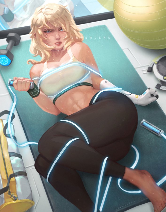 abs, bondage, clothing, deadlock (valorant), female, rope bondage, staring, superlens, valorant, workout clothes