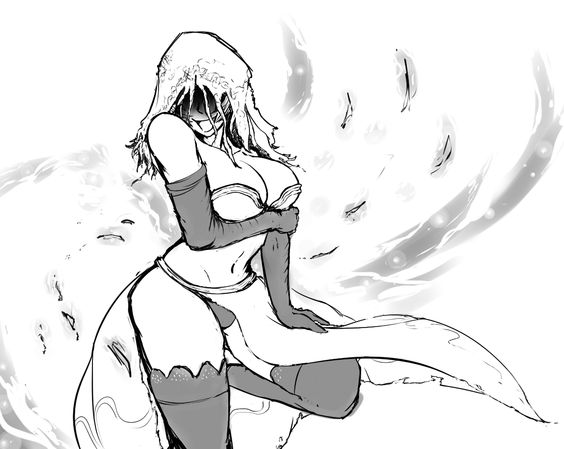 1female 1girls artist_request big_breasts black_hair dark_souls dark_souls_2 dark_souls_3 desert_sorceress female_only fromsoftware gloves hood kneesocks long_gloves long_stockings smile smiling stockings