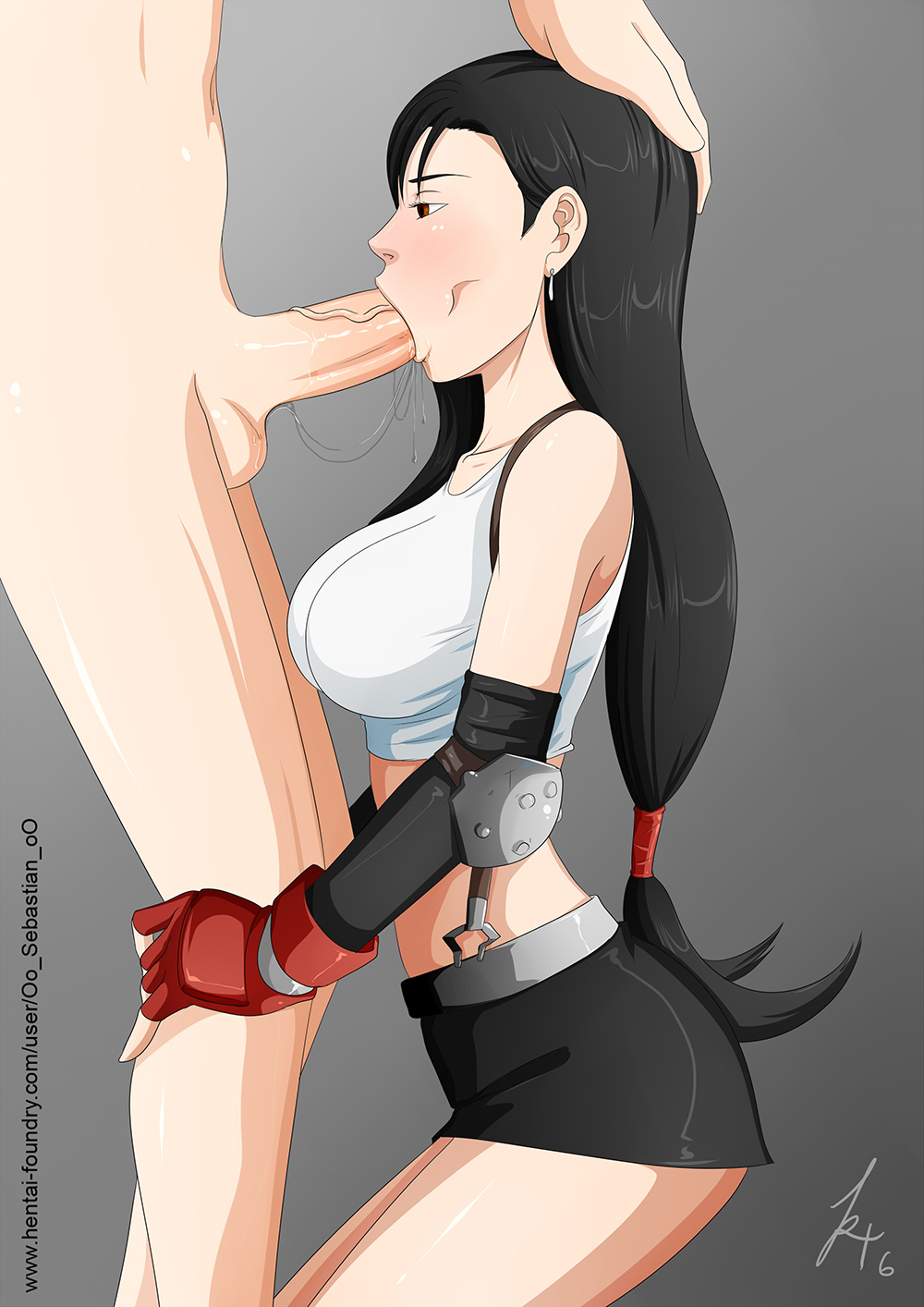 balls, black hair, brown eyes, clothed, drool, fellatio, female, final fantasy, final fantasy vii, fingerless gloves, gloves, hair, hand on head, human, humanoid, male, mostly clothed, oo sebastian oo, oral, penis, saliva, saliva string, straight, tifa lockhart, veiny, veiny penis