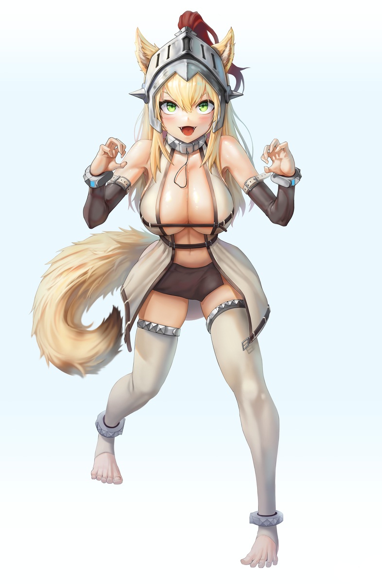 1girls animal_ears animal_humanoid animal_tail barefoot big_breasts blonde_hair blush breasts cleavage fangs female female_knight_(guardian_tales) full_body green_eyes guardian_tales kemonomimi long_hair seo_(artist) smile solo thighhighs