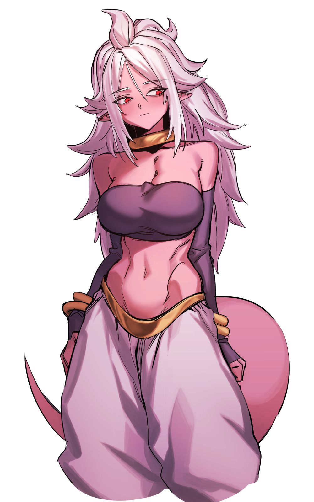 1girls android_21 arabian_clothes athletic_female belly_button big_breasts dragon_ball dragon_ball_fighterz dragon_ball_z female_only harem_outfit jewelry long_hair majin_android_21 navel pink_skin pointy_ears red_eyes solo spiked_hair spiky_hair tail white_hair zquung