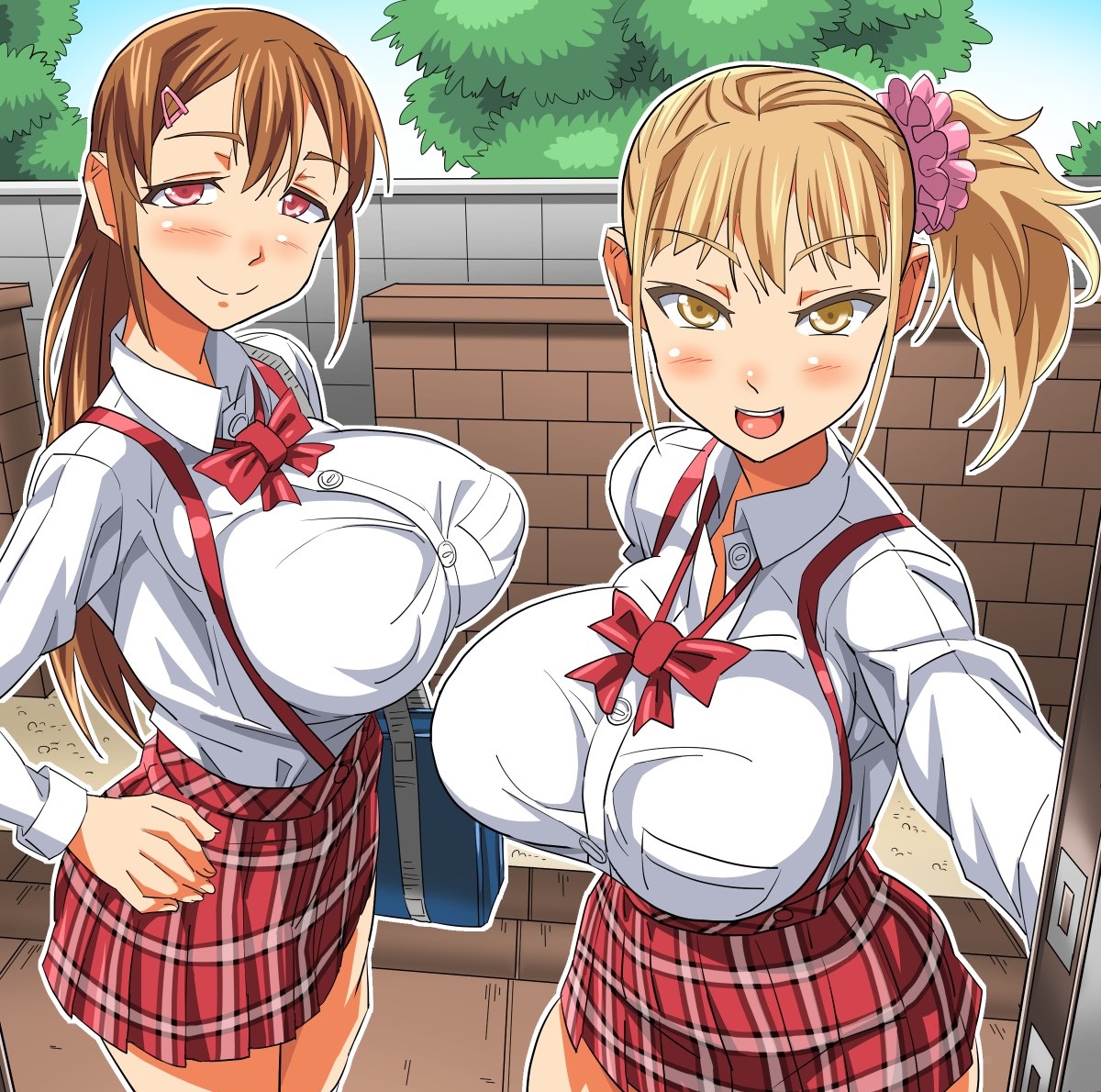 2girls, akushizu, big breasts, blonde hair, breasts, brown hair, busty, female, hair, huge breasts, human, long hair, looking at viewer, multiple females, multiple girls, ponytail, pov, red eyes, schoolgirl, smile, tied hair, yellow eyes