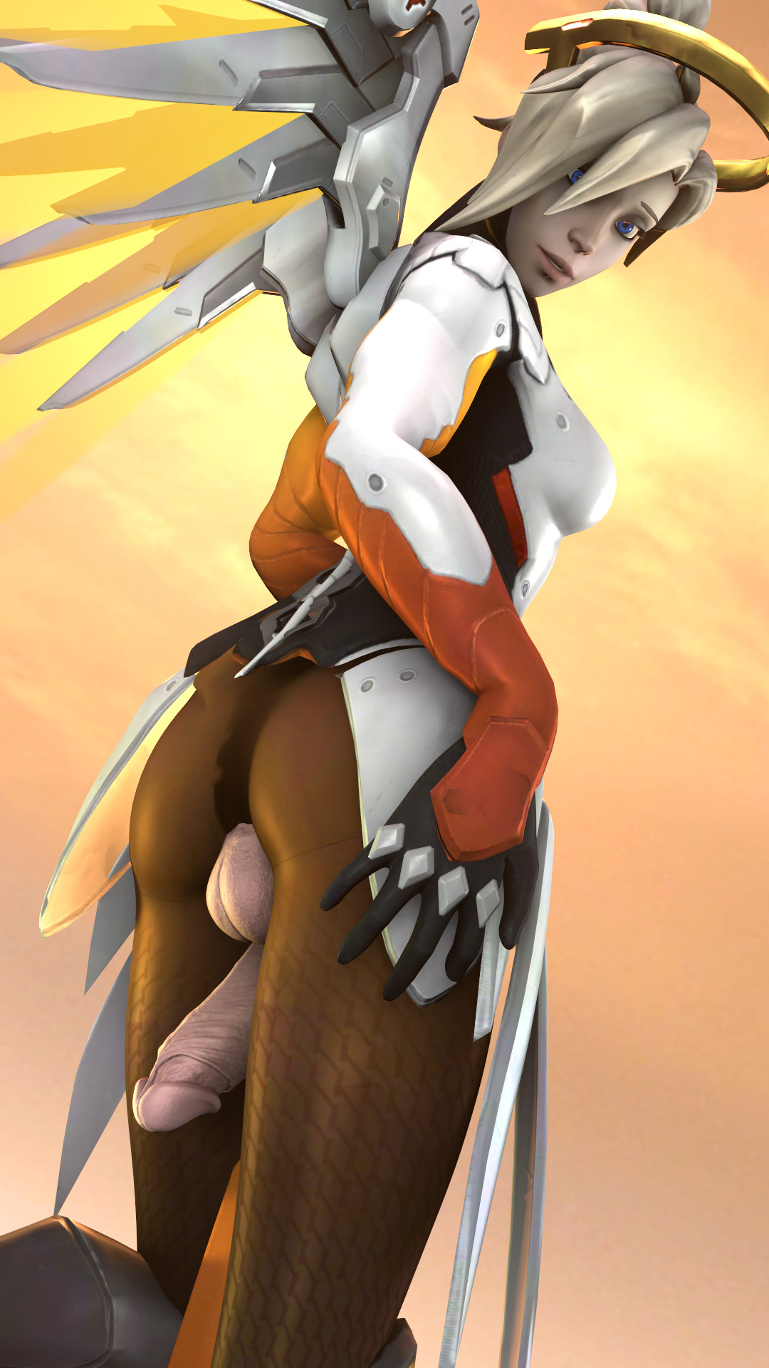 1futa, 3d, angel, armor, balls, blonde hair, blue eyes, bodysuit, breasts, cock-tail, distortedsfm, erection, futa only, futanari, halo, headgear, intersex, mercy, overwatch, penis, solo, testicles, uncensored, video games, wings