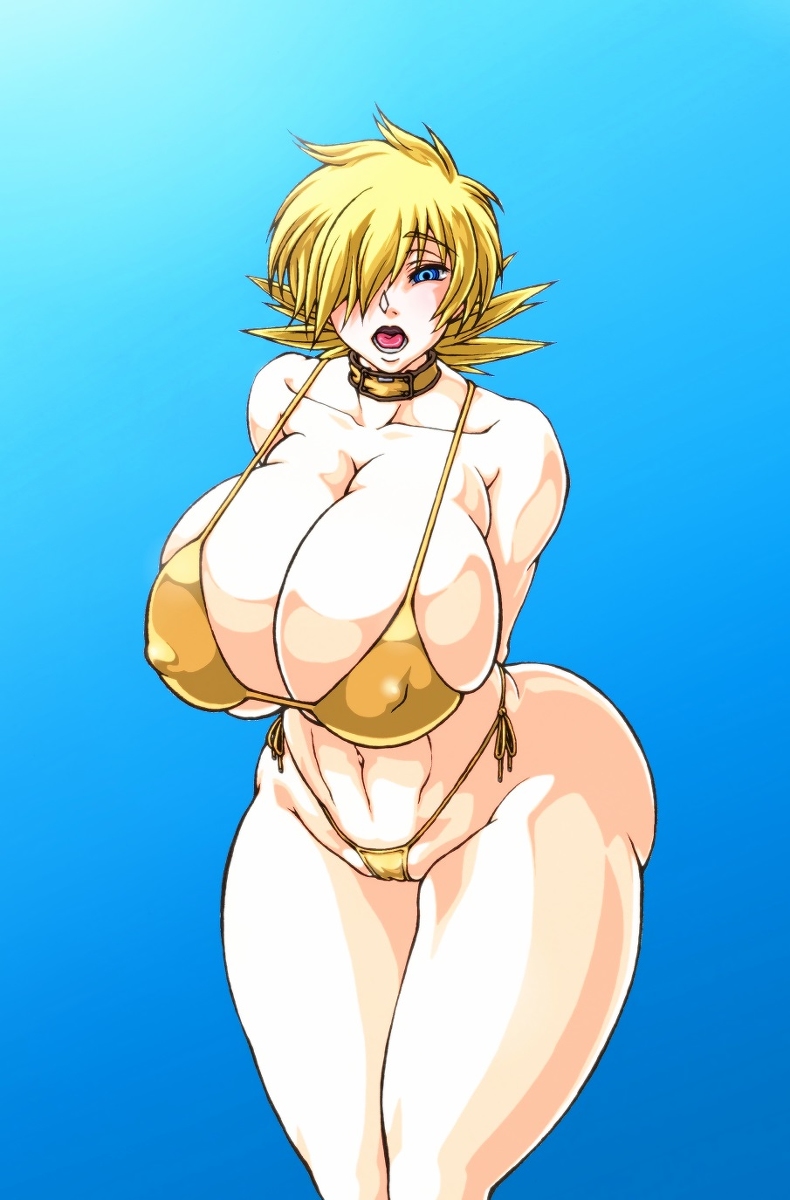 1girls, arms behind back, ass, big ass, bikini, blonde hair, blue eyes, breasts, cameltoe, cleavage, curvy, erect nipples, female, female only, gigantic breasts, hair over one eye, hellsing, huge ass, human, looking at viewer, nipple bulge, nipples, open mouth, pixiv manga sample, pussy, seras victoria, short hair, solo, standing, thick thighs, wide hips, wrato