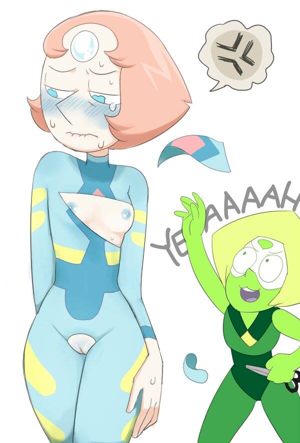 :3 areolae assisted_exposure back_to_the_barn_(steven_universe) biting_lip blue_eyes blue_nipples blush bodysuit breast_cutout breasts cartoon_network crotch_cutout crotchless duo embarrassed english_text erect_nipples female female_only forehead_jewel gem_(species) gnome-no green_hair green_skin hairless_pussy half-closed_eyes lost_clothes nipples pearl_(steven_universe) peridot_(steven_universe) pussy ripping_bodysuit scissors small_breasts speech_bubble standing steven_universe sweat text torn_clothes white_background white_skin