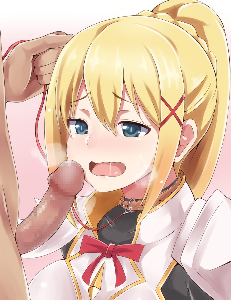 1boy blonde_hair blue_eyes blush breath censored clothed_female_nude_male collar color darkness_(konosuba) female heavy_breathing kono_subarashii_sekai_ni_shukufuku_wo! leash long_hair mosaic_censoring open_mouth penis ponytail saliva shinkuso-kun sidelocks solo_focus tied_hair