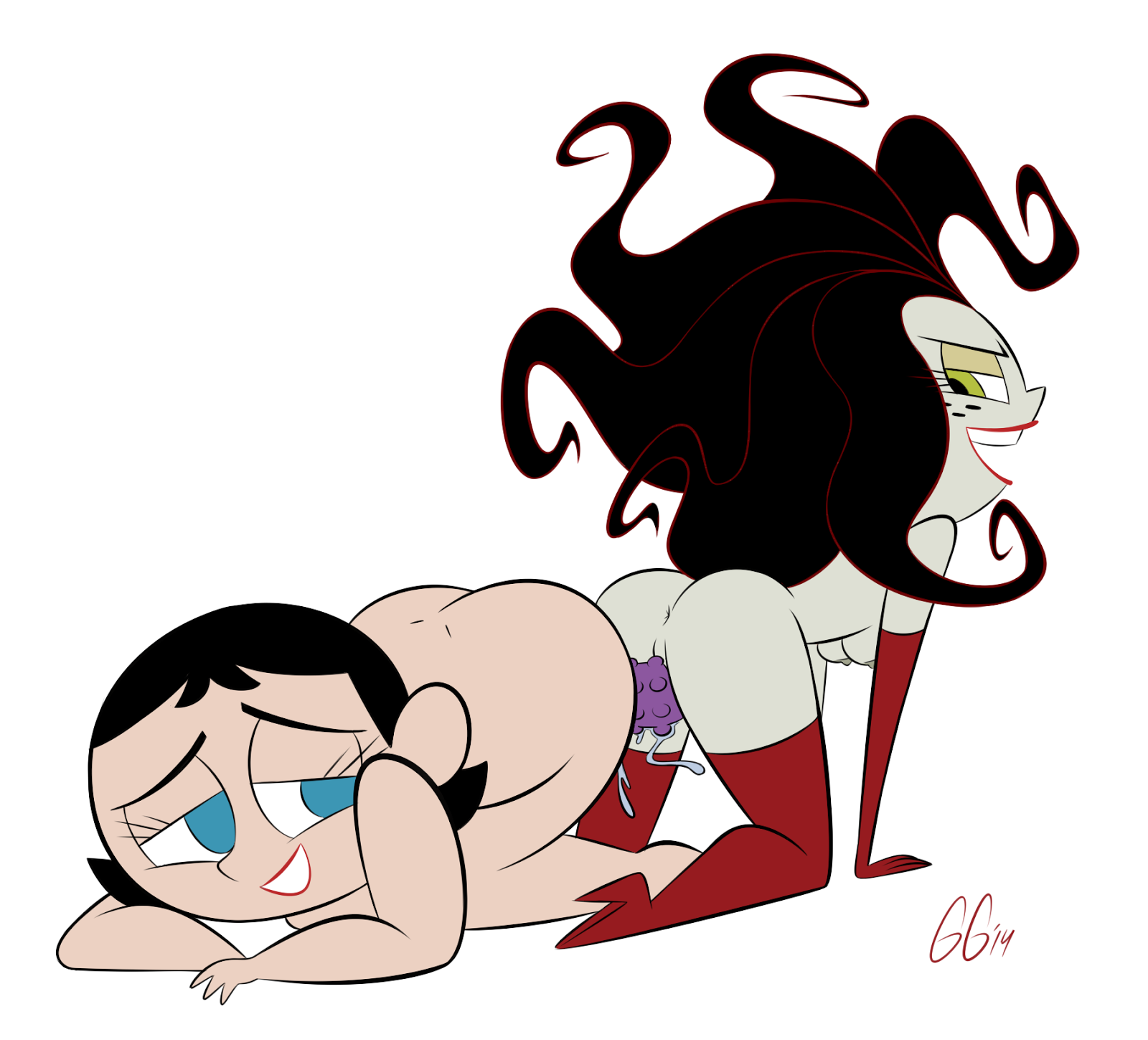 2girls, ass, double dildo, elbow gloves, female, female only, gloves, goopygear, ms. keane, official style, powerpuff girls, sedusa, yuri