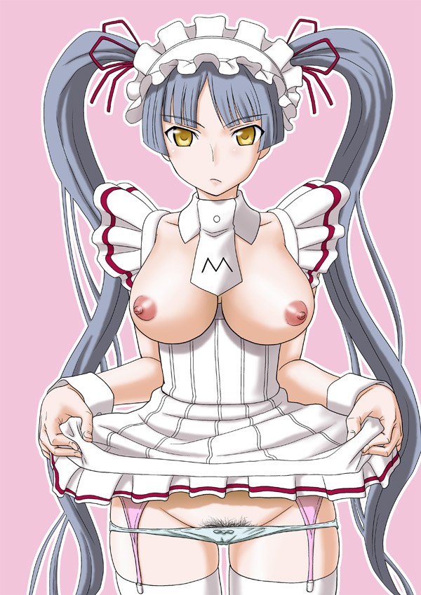 1girls breasts female female_human female_only human maid maria_holic misnon_the_great naked_apron pubic_hair shinouji_matsurika solo thighhighs tied_hair twintails yellow_eyes