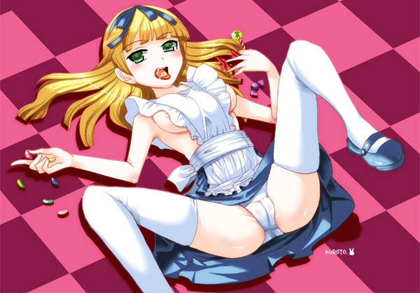 1girls blonde_hair blush breasts candy checkered checkered_floor female green_eyes jelly_bean kuroto_(722) lying mary_janes on_back on_floor open_mouth original panties ribbon shoes sideboob skirt solo spread_legs straight_hair thighhighs tongue underwear white_legwear white_thighhighs