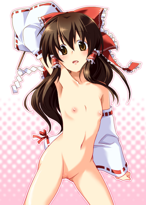 blush bow brown_eyes brown_hair detached_sleeves female female_only flat_chest gohei hairbow human japanese_clothes long_hair miko navel nipples nude onemu pussy reimu_hakurei solo touhou uncensored