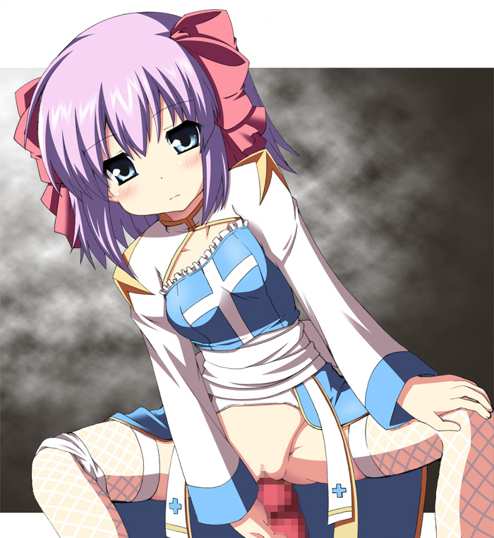 arch_bishop_(ragnarok_online) blush bow censored cowgirl_position fishnet_legwear fishnet_stockings fishnets guided_penetration hairbow izuko legwear panties panties_around_leg panties_around_one_leg penis prodding purple_hair pussy ragnarok_online shallow_penetration short_hair spread_legs squat squatting straddle thighhighs underwear