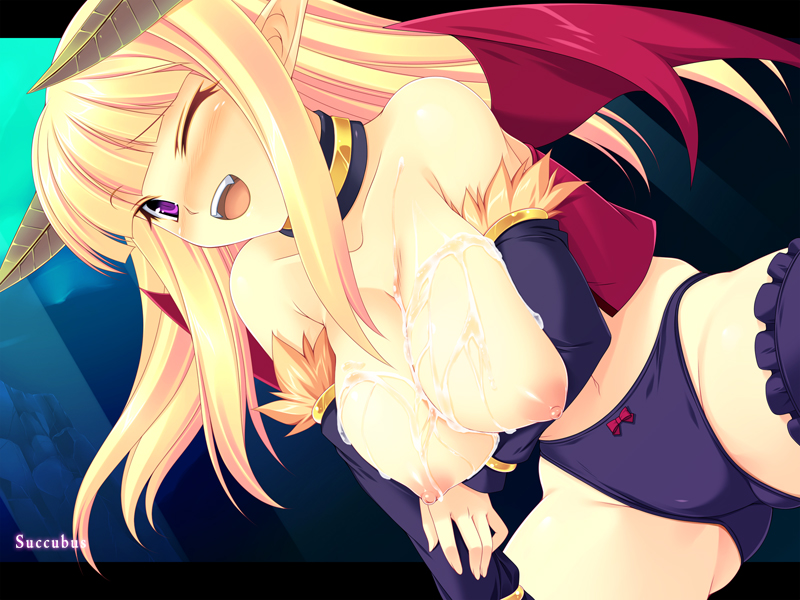 blonde_hair breasts cum cum_on_body cum_on_breasts cum_on_upper_body cute demon_girl detached_sleeves fangs horns kinoshita_ichi large_breasts lossy-lossless nipples panties pointy_ears purple_eyes ragnarok_online smile spread_legs succubus succubus_(ragnarok_online) thighhighs topless underwear underwear_only wings wink