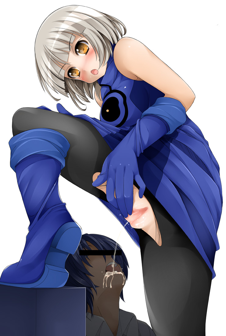 arisato_minato bare_shoulders betty_(pixiv) boots censored drinking_pee elizabeth_(persona) gloves orange_eyes pantyhose pee_drink peeing persona persona_3 pissing_in_hand pussy short_hair silver_hair sleeveless torn_clothes torn_pantyhose