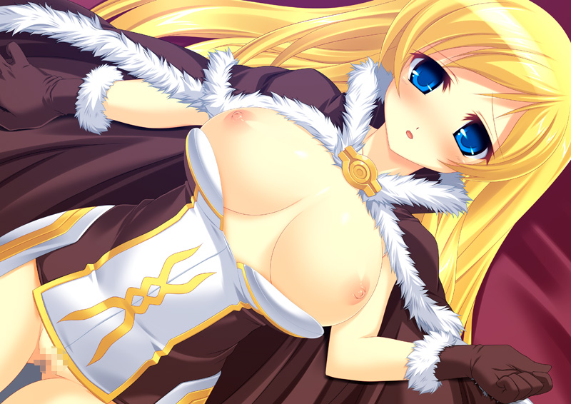 blue_eyes blush breasts cape censored gloves high_wizard kinoshita_ichi large_breasts lossy-lossless no_panties pussy ragnarok_online shirt_pull