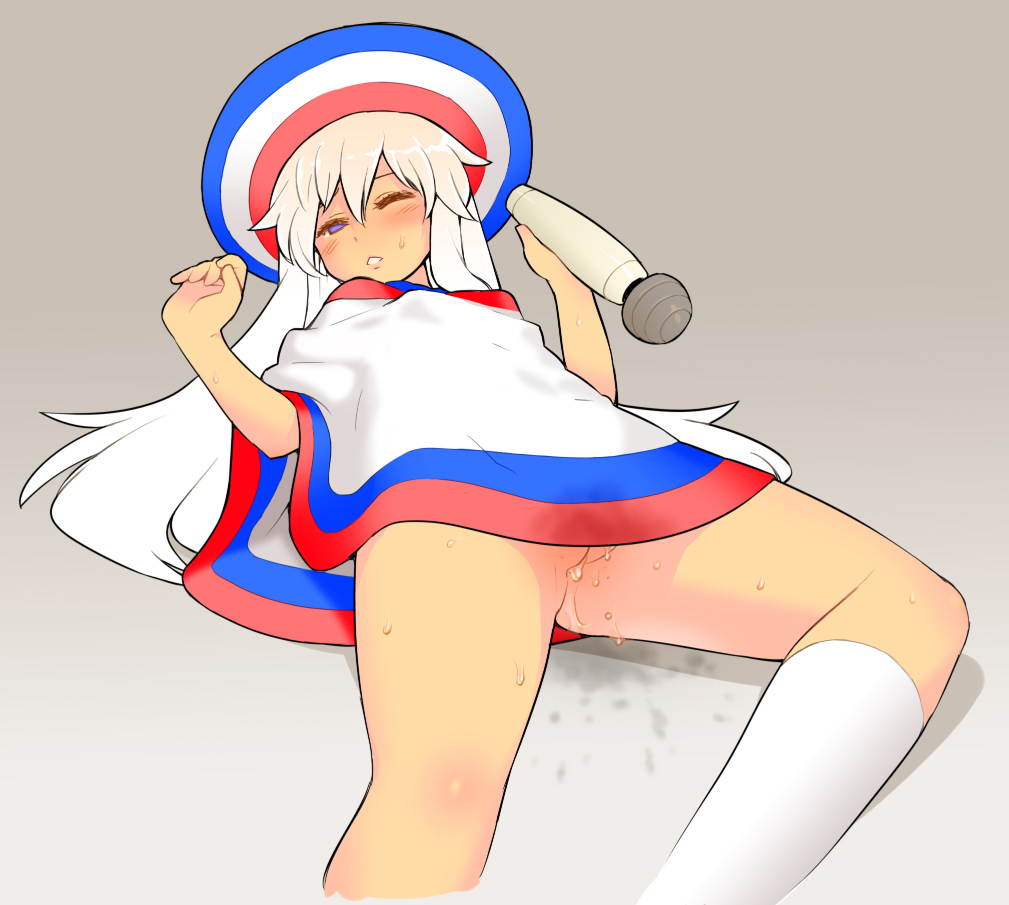 bottomless footwear hakata-san hat legs long_hair lying masturbation no_panties nozo original poncho pussy_juice salt-chan socks straight_hair vibrator white_hair