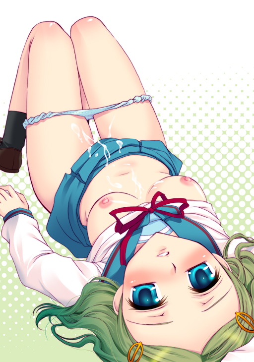 ankle_socks anklehighs black_socks blue_eyes blush breasts brown_loafers cum cum_on_belly cum_on_body cum_on_breasts cum_on_clothes cum_on_leg cum_on_lower_body cum_on_upper_body female female_only footwear green_hair human kimidori_emiri loafers lying navel panties panty_pull school_uniform serafuku shirt_lift shoes short_hair socks solo suzumiya_haruhi_no_yuuutsu underwear upside-down